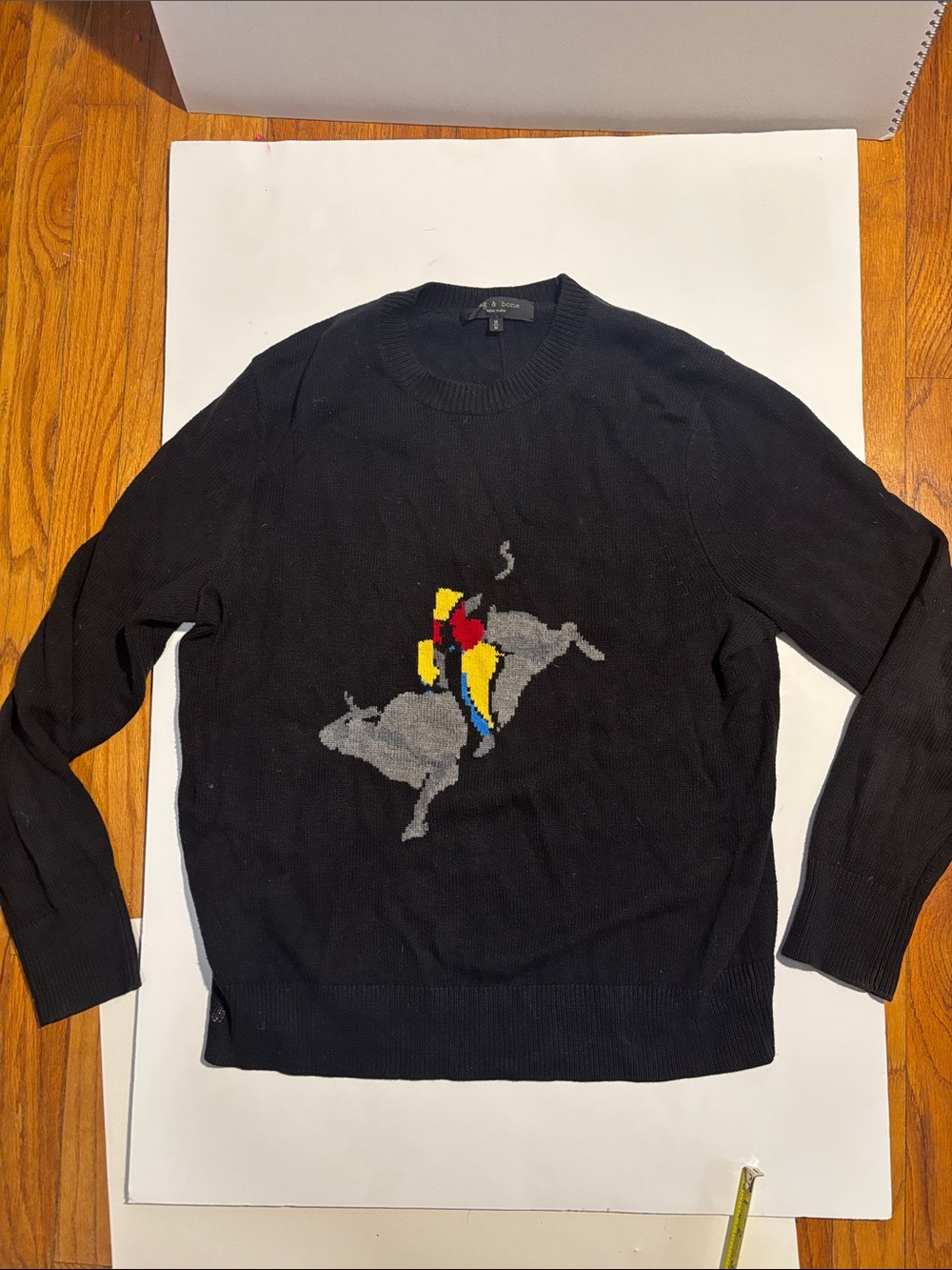rag & bone Black Crewneck Sweater with Bull Rider Motif